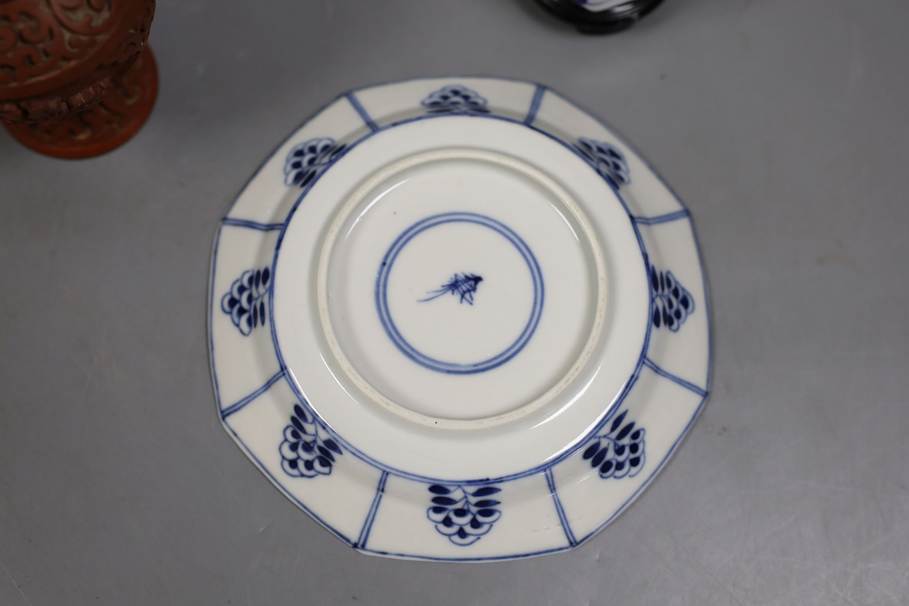 A Chinese Kangxi style octagonal dish, a Chinese cinnabar lacquer vase and a blue and white box, Dish 12.5 cms.